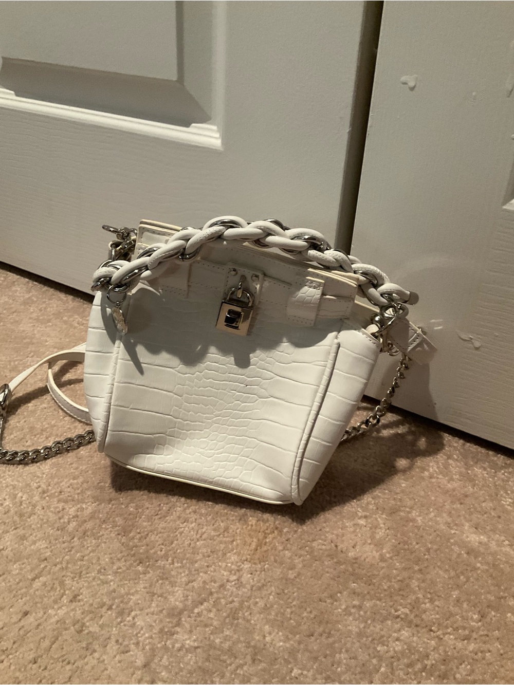 Croc-Embossed White Mini Bucket Bag with Chain and Braided Handle